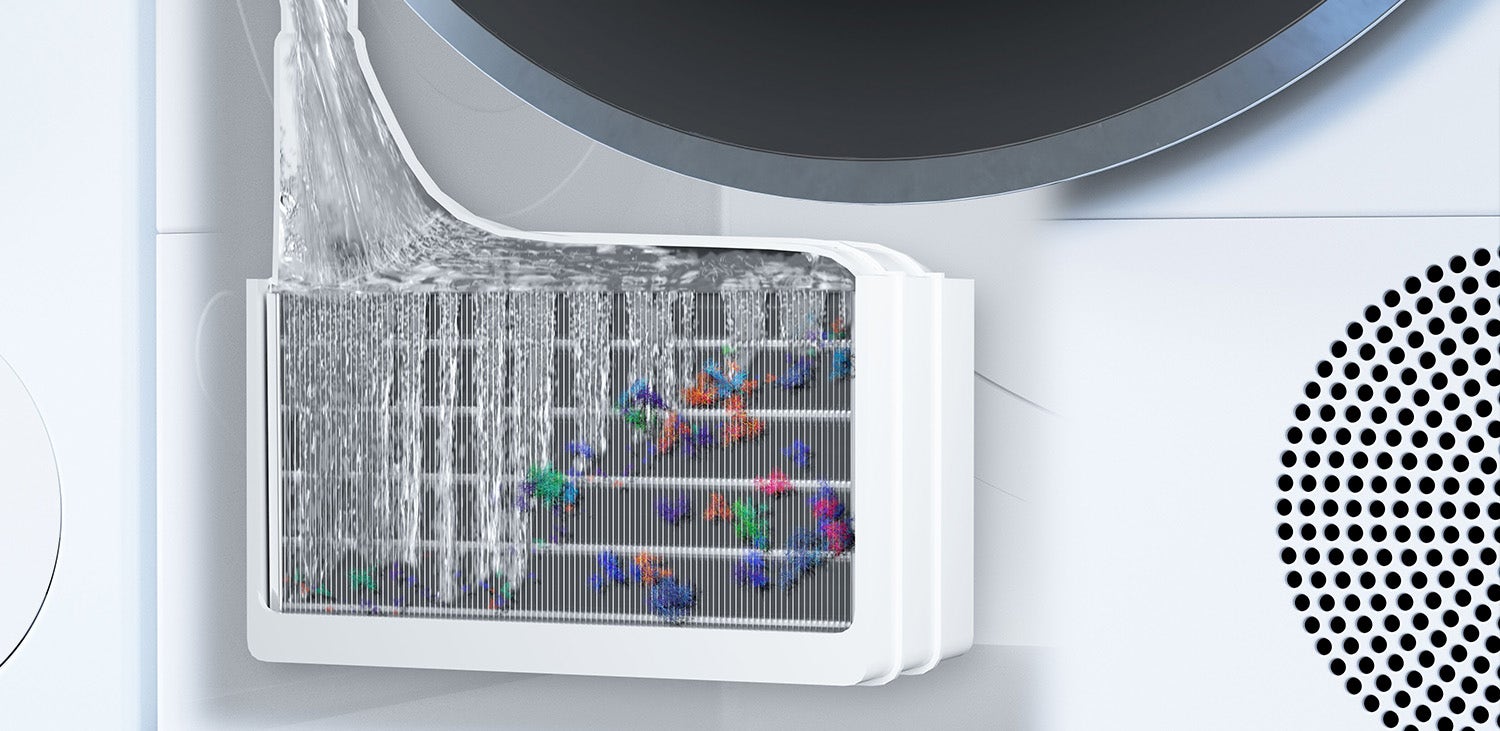 Wasdroger ingezoomd op de zelfreinigende condensor, met allerlei vuil erin. Wasdroger ingezoomd op de zelfreinigende condensor, met allerlei vuil erin.